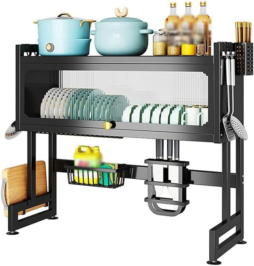 Dish Drainer Drying Rack with Door Countertop Telescoping Dish Storage Rack for Kitchen