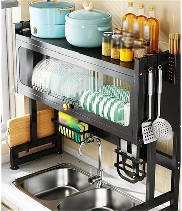 Dish Drainer Drying Rack with Door Countertop Telescoping Dish Storage Rack for Kitchen