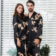 Simulated silk couple sleepwear new long sleeved set men's and women's V-neck silk printed dragon and phoenix home clothes