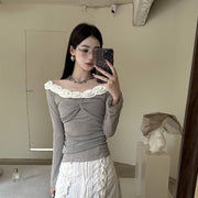 New One Shoulder Mesh Long Sleeve Ballet Style French Flower Edge Off Shoulder Sweet Girl Top