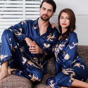 Simulated silk couple sleepwear new long sleeved set men's and women's V-neck silk printed dragon and phoenix home clothes